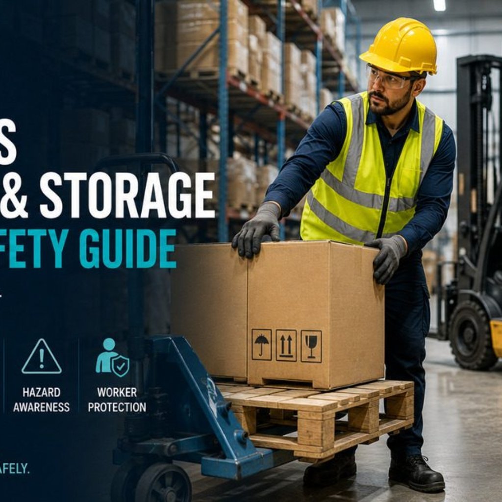 Warehouse worker using a pallet jack to move boxes safely, with a forklift operator in the background and storage racking visible, illustrating OSHA materials handling and storage safety practices