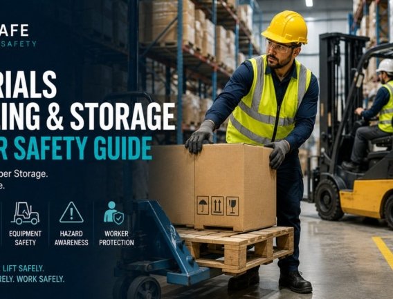 Warehouse worker using a pallet jack to move boxes safely, with a forklift operator in the background and storage racking visible, illustrating OSHA materials handling and storage safety practices