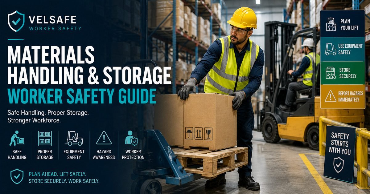 Warehouse worker using a pallet jack to move boxes safely, with a forklift operator in the background and storage racking visible, illustrating OSHA materials handling and storage safety practices