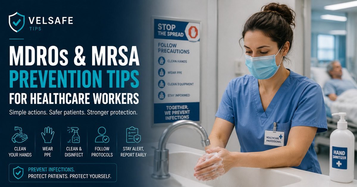Healthcare worker in scrubs and mask washing hands at a clinical sink beside a hand sanitizer dispenser, with a Stop the Spread infection control poster listing clean hands, wear PPE, clean equipment, and stay informed as MRSA and MDRO prevention steps for healthcare workers