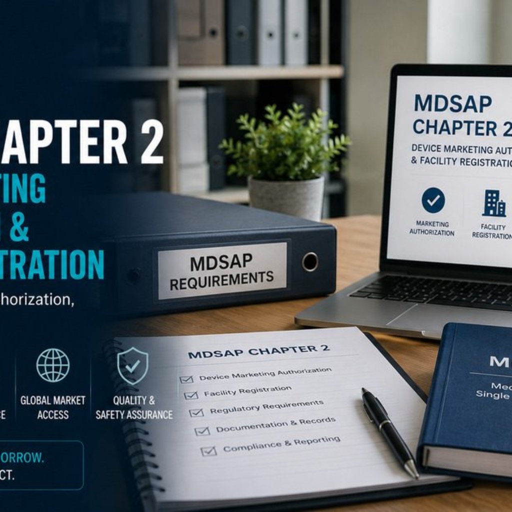 MDSAP Chapter 2 compliance workspace showing a binder labelled MDSAP Requirements, a laptop displaying Chapter 2 Device Marketing Authorization and Facility Registration with icons for marketing authorization, facility registration, and global access, an MDSAP audit checklist, and the MDSAP Medical Device Single Audit Program reference book