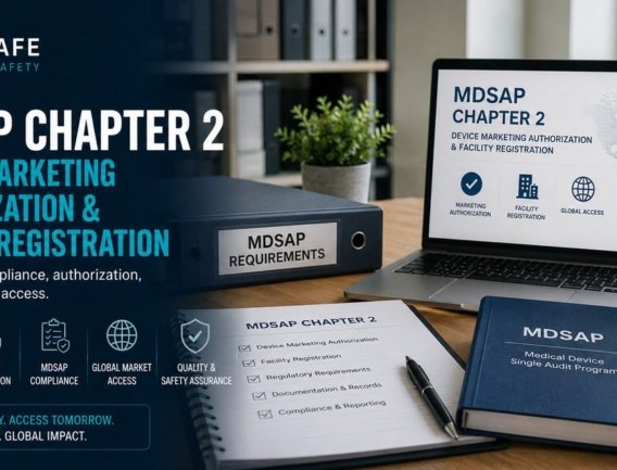 MDSAP Chapter 2 compliance workspace showing a binder labelled MDSAP Requirements, a laptop displaying Chapter 2 Device Marketing Authorization and Facility Registration with icons for marketing authorization, facility registration, and global access, an MDSAP audit checklist, and the MDSAP Medical Device Single Audit Program reference book
