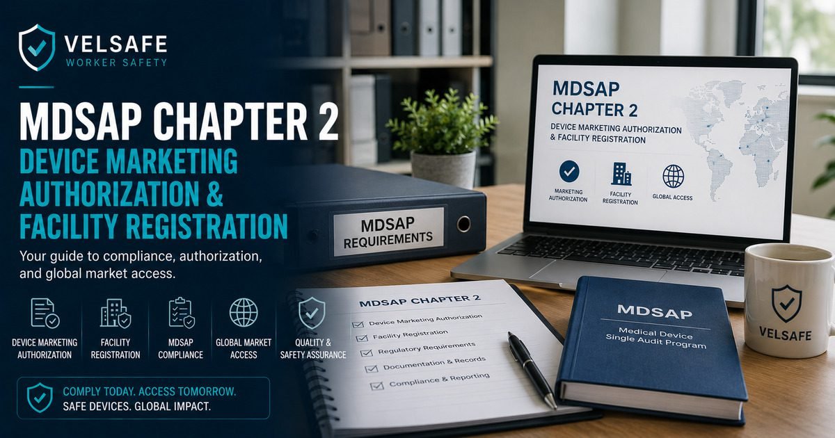 MDSAP Chapter 2 compliance workspace showing a binder labelled MDSAP Requirements, a laptop displaying Chapter 2 Device Marketing Authorization and Facility Registration with icons for marketing authorization, facility registration, and global access, an MDSAP audit checklist, and the MDSAP Medical Device Single Audit Program reference book