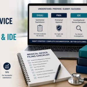 Medical device filings 510k PMA IDE tips submission checklist and regulatory guides on desk