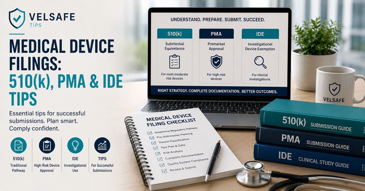 Medical device filings 510k PMA IDE tips submission checklist and regulatory guides on desk