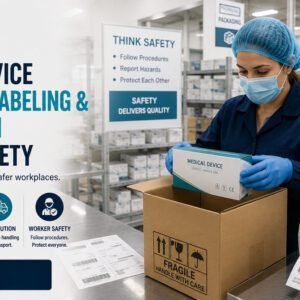 Medical device packaging labeling and distribution worker safety production floor line worker inspecting sterile device box
