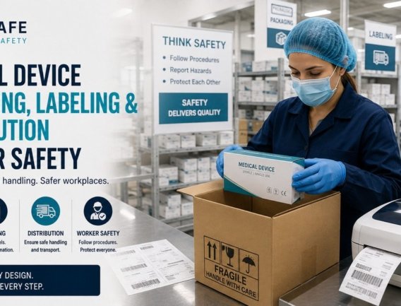 Medical device packaging labeling and distribution worker safety production floor line worker inspecting sterile device box