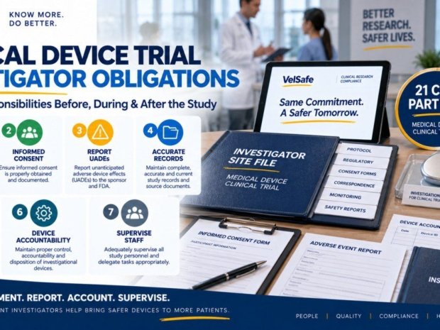Medical device trial investigator obligations infographic showing 7 responsibilities under 21 CFR Part 812: follow the IDE, obtain informed consent, report UADEs, maintain accurate records, permit FDA access, maintain device accountability, and supervise study staff