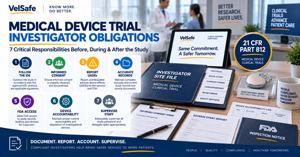 Medical device trial investigator obligations infographic showing 7 responsibilities under 21 CFR Part 812: follow the IDE, obtain informed consent, report UADEs, maintain accurate records, permit FDA access, maintain device accountability, and supervise study staff