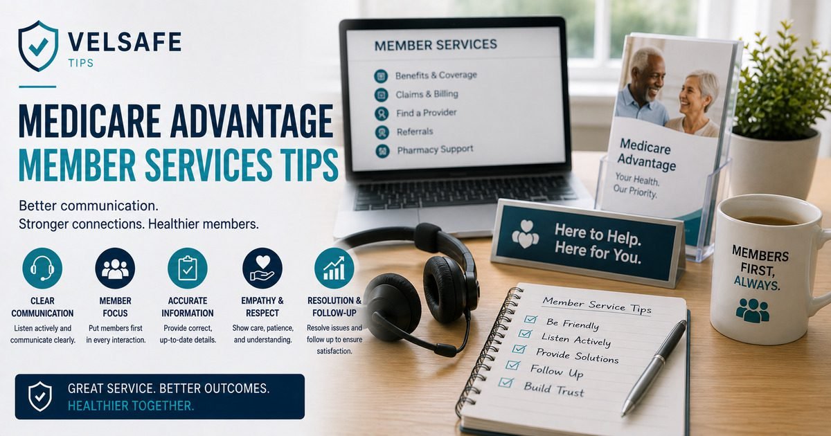 Medicare Advantage member services tips headset laptop showing member services menu and checklist for call centre staff