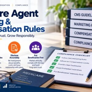 Medicare agent marketing and compensation rules compliance checklist showing CMS guidelines marketing rules compensation limits disclosure requirements and beneficiaries first principle with binders labelled CMS guidelines marketing rules compensation and compliance