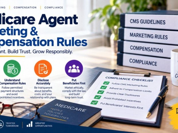 Medicare agent marketing and compensation rules compliance checklist showing CMS guidelines marketing rules compensation limits disclosure requirements and beneficiaries first principle with binders labelled CMS guidelines marketing rules compensation and compliance