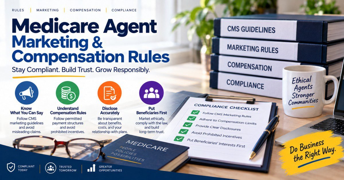 Medicare agent marketing and compensation rules compliance checklist showing CMS guidelines marketing rules compensation limits disclosure requirements and beneficiaries first principle with binders labelled CMS guidelines marketing rules compensation and compliance