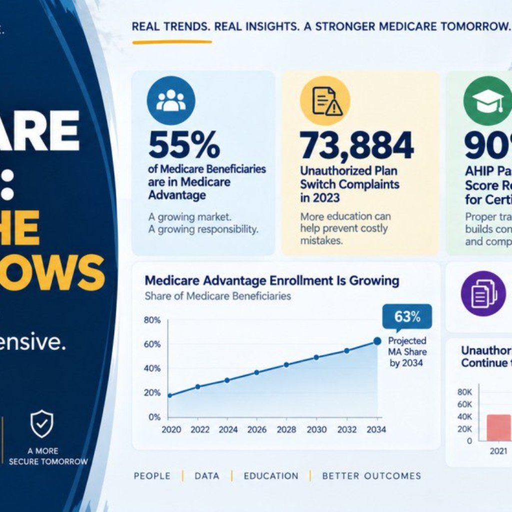 VelSafe Medicare basics broker agent training insights infographic showing 55 percent of Medicare beneficiaries in Medicare Advantage 73884 unauthorized plan switch complaints 90 percent AHIP passing score 32 average plan choices and projected 63 percent MA share by 2034