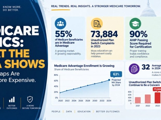 VelSafe Medicare basics broker agent training insights infographic showing 55 percent of Medicare beneficiaries in Medicare Advantage 73884 unauthorized plan switch complaints 90 percent AHIP passing score 32 average plan choices and projected 63 percent MA share by 2034