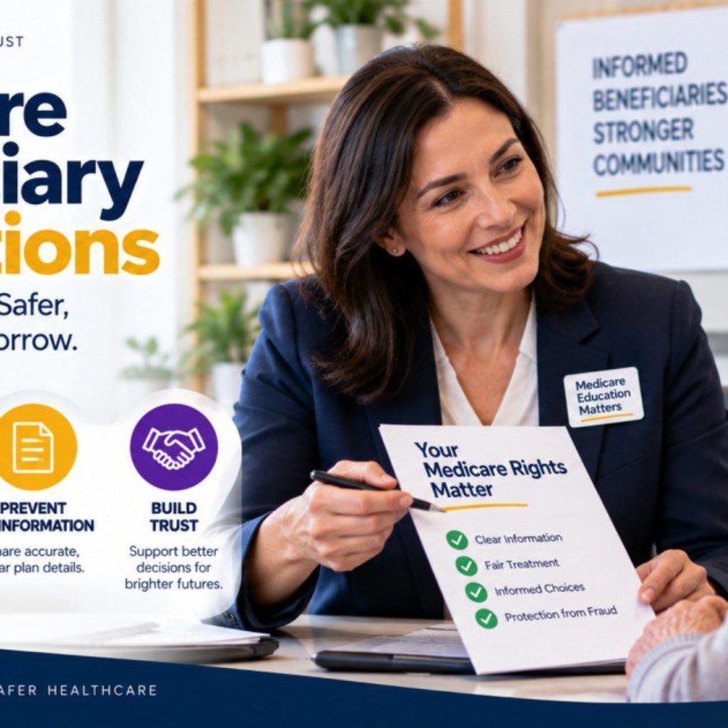 Medicare agent reviewing beneficiary protections with an elderly client showing Medicare rights document covering clear information fair treatment informed choices and protection from fraud during a compliant sales meeting