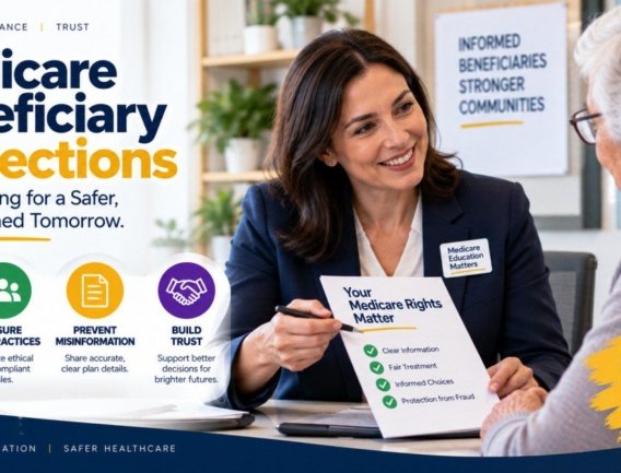 Medicare agent reviewing beneficiary protections with an elderly client showing Medicare rights document covering clear information fair treatment informed choices and protection from fraud during a compliant sales meeting