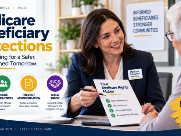 Medicare agent reviewing beneficiary protections with an elderly client showing Medicare rights document covering clear information fair treatment informed choices and protection from fraud during a compliant sales meeting