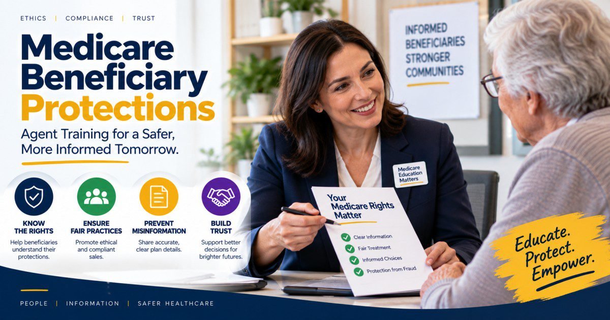 Medicare agent reviewing beneficiary protections with an elderly client showing Medicare rights document covering clear information fair treatment informed choices and protection from fraud during a compliant sales meeting