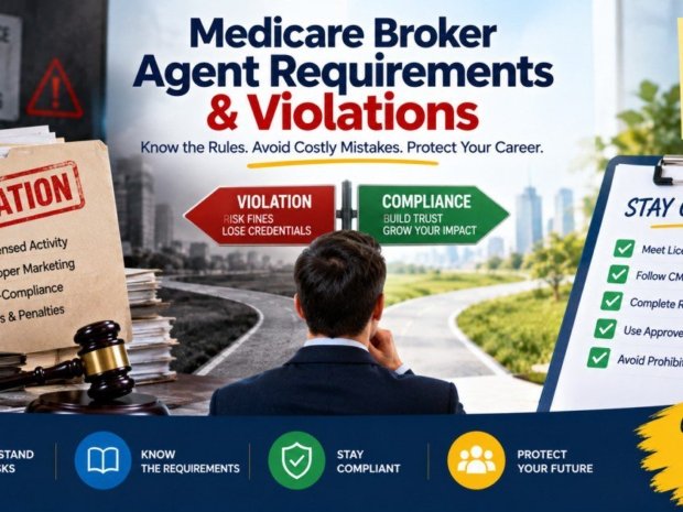 Medicare broker agent requirements violation infographic showing the path between violation risks including fines and losing credentials versus compliance including building trust and growing impact with stay compliant checklist