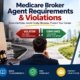 Medicare broker agent requirements violation infographic showing the path between violation risks including fines and losing credentials versus compliance including building trust and growing impact with stay compliant checklist