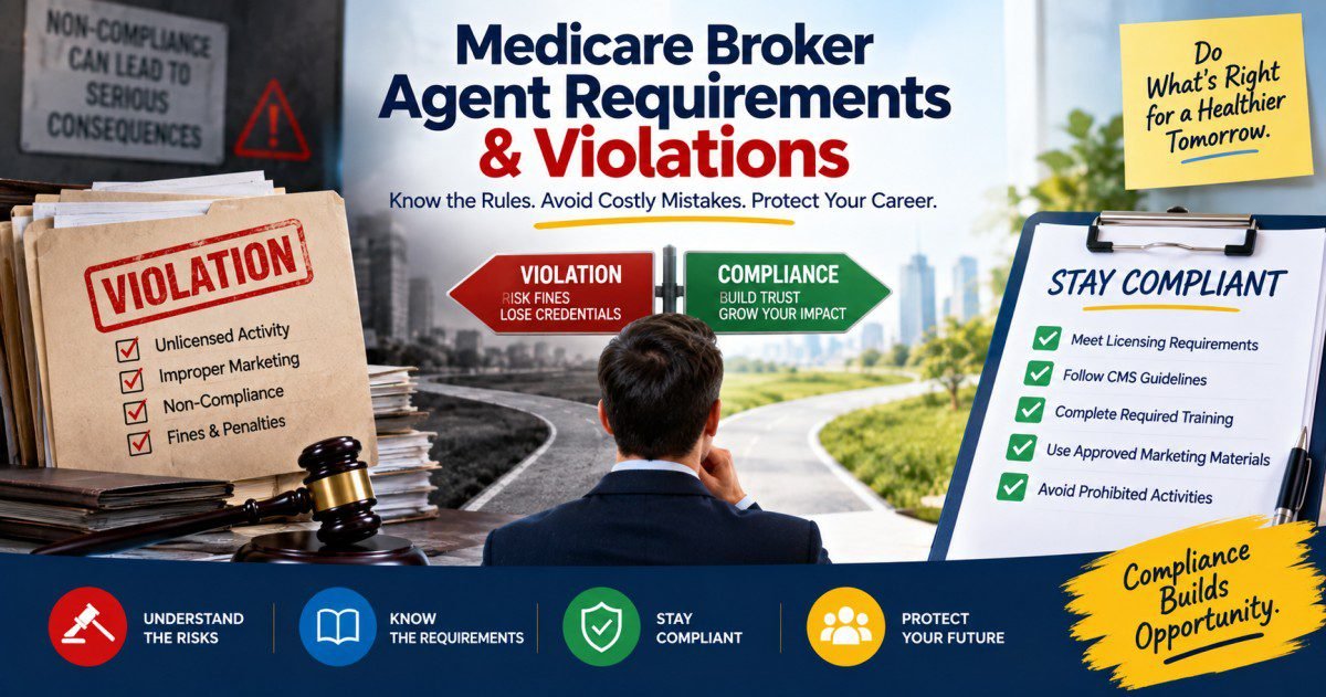 Medicare broker agent requirements violation infographic showing the path between violation risks including fines and losing credentials versus compliance including building trust and growing impact with stay compliant checklist