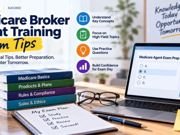 Medicare broker agent training exam tips study setup with Medicare basics products and plans rules and compliance and sales and ethics textbooks laptop showing agent exam prep practice questions and study plan checklist