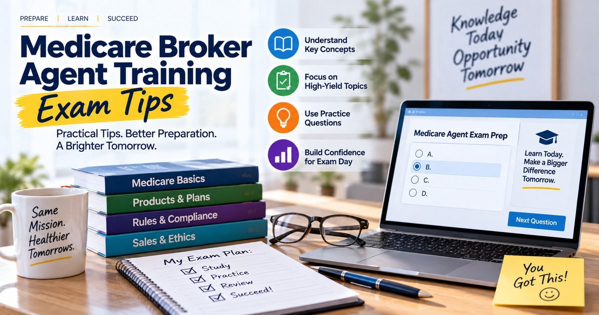 Medicare broker agent training exam tips study setup with Medicare basics products and plans rules and compliance and sales and ethics textbooks laptop showing agent exam prep practice questions and study plan checklist
