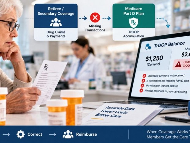 Medicare Part D coordination of benefits TrOOP facilitation failure showing missing N transactions and understated TrOOP balance from secondary payer data gap