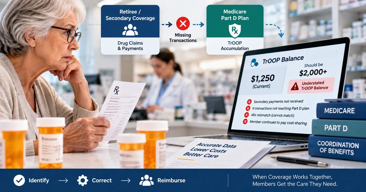 Medicare Part D coordination of benefits TrOOP facilitation failure showing missing N transactions and understated TrOOP balance from secondary payer data gap