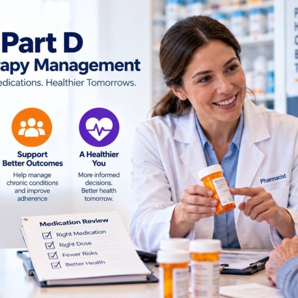 Pharmacist conducting a Medicare Part D medication therapy management review with an elderly patient reviewing medications right dose fewer risks and better health under 42 CFR 423.153