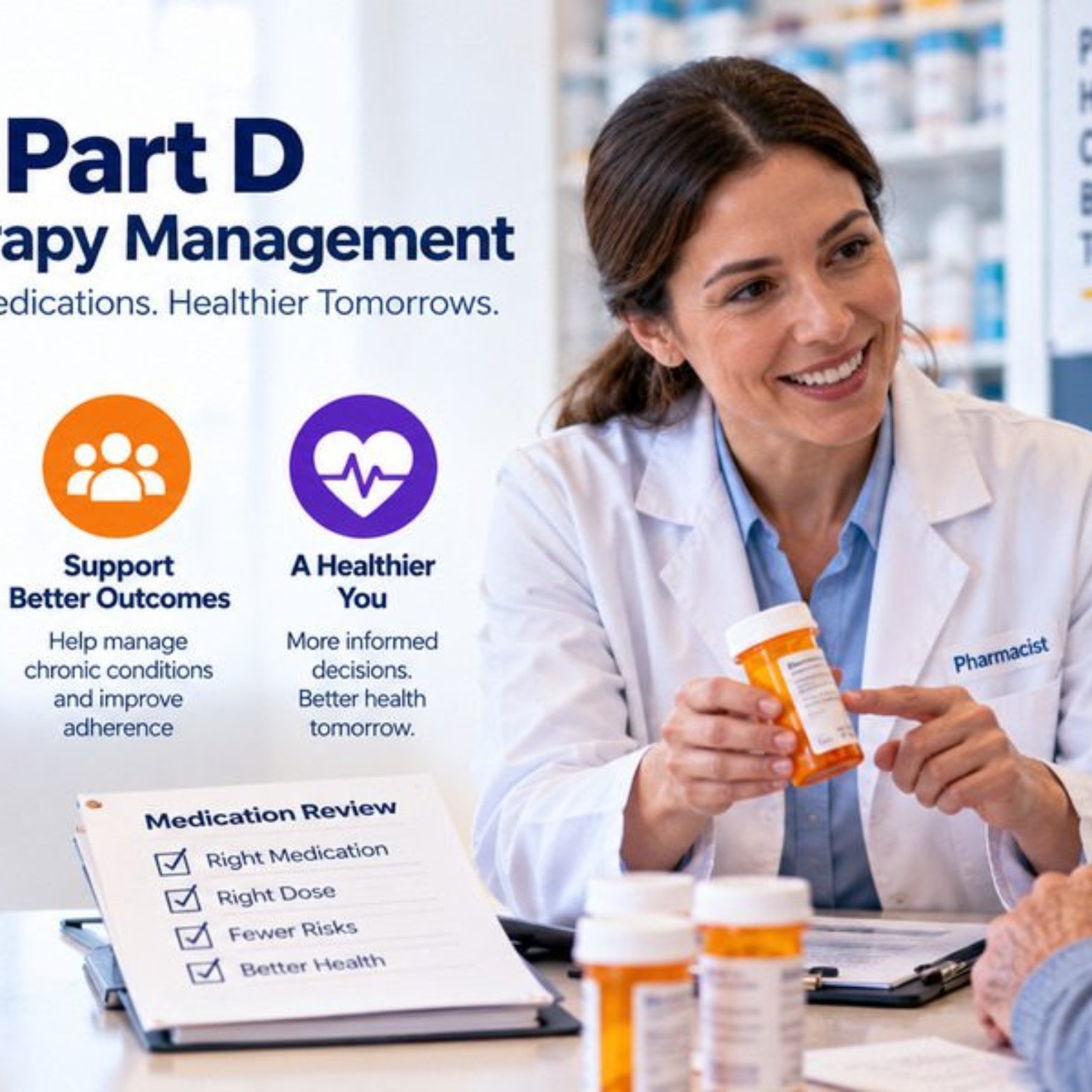 Pharmacist conducting a Medicare Part D medication therapy management review with an elderly patient reviewing medications right dose fewer risks and better health under 42 CFR 423.153