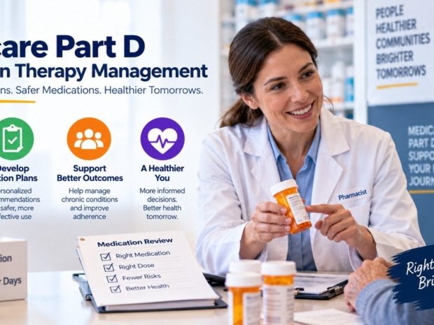 Pharmacist conducting a Medicare Part D medication therapy management review with an elderly patient reviewing medications right dose fewer risks and better health under 42 CFR 423.153