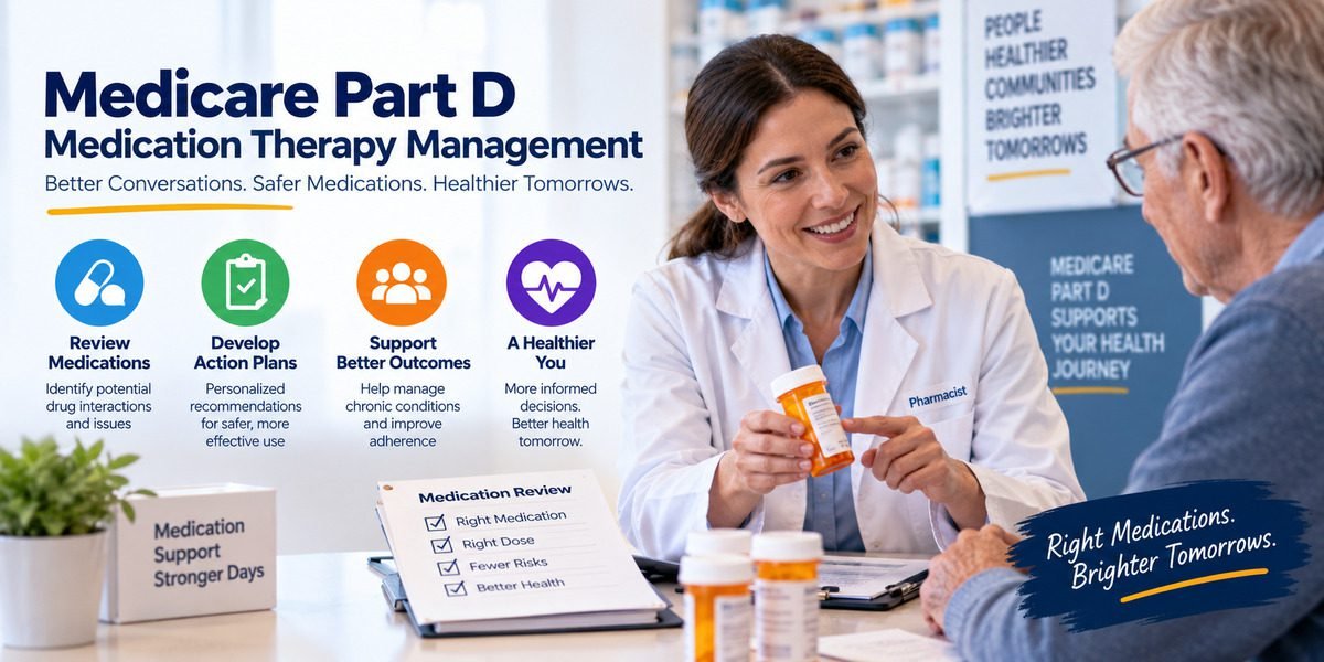 Pharmacist conducting a Medicare Part D medication therapy management review with an elderly patient reviewing medications right dose fewer risks and better health under 42 CFR 423.153