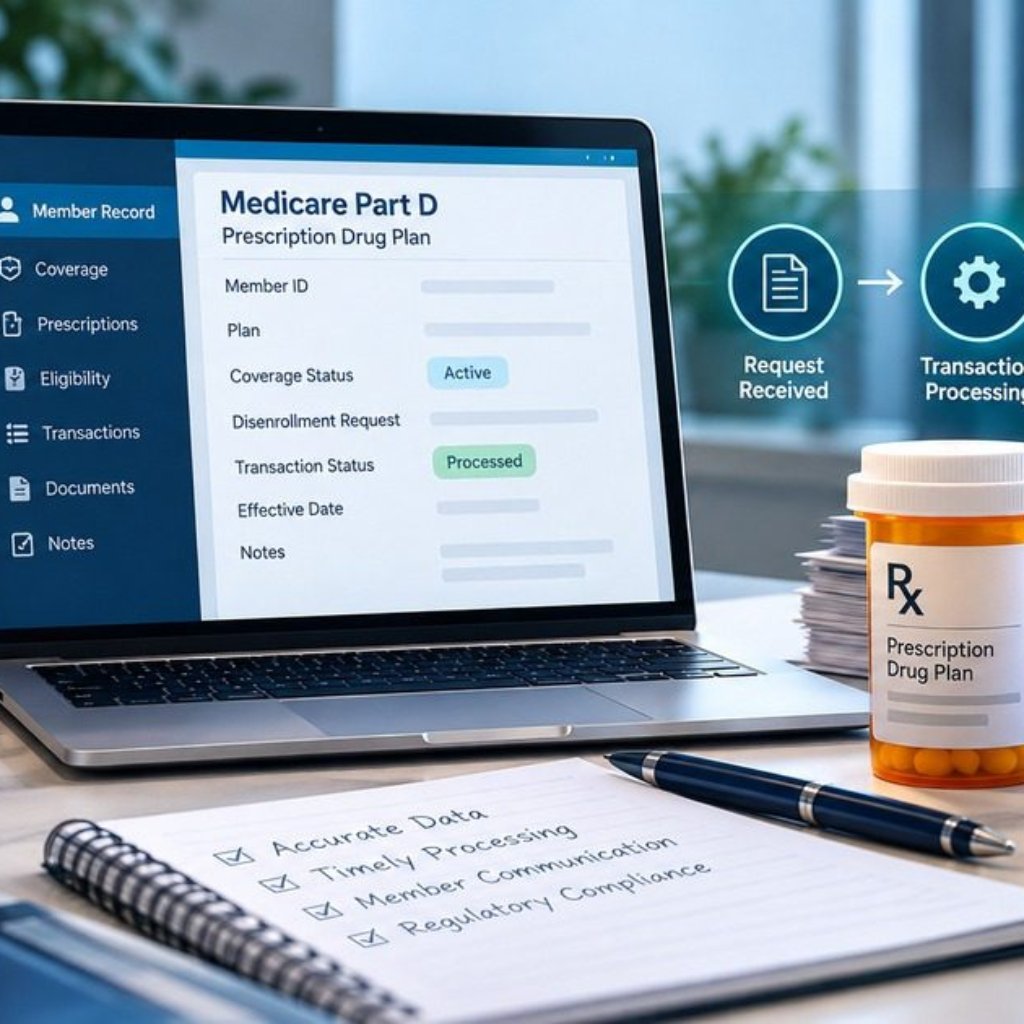 Medicare Part D disenrollment workflow from member request through transaction processing and CMS exchange