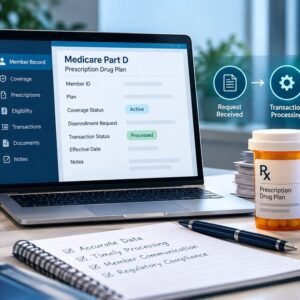 Medicare Part D disenrollment workflow from member request through transaction processing and CMS exchange