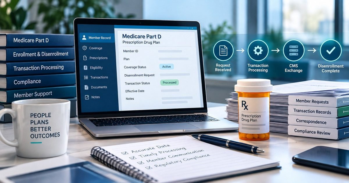 Medicare Part D disenrollment workflow from member request through transaction processing and CMS exchange