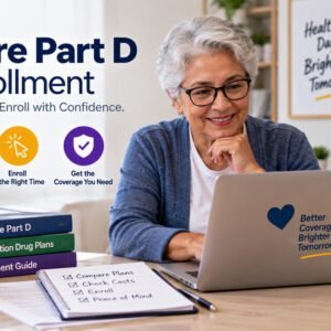 Medicare beneficiary researching Part D PDP enrollment options online with prescription drug plan books enrollment guide checklist and step-by-step enrollment journey covering IEP AEP and SEP periods