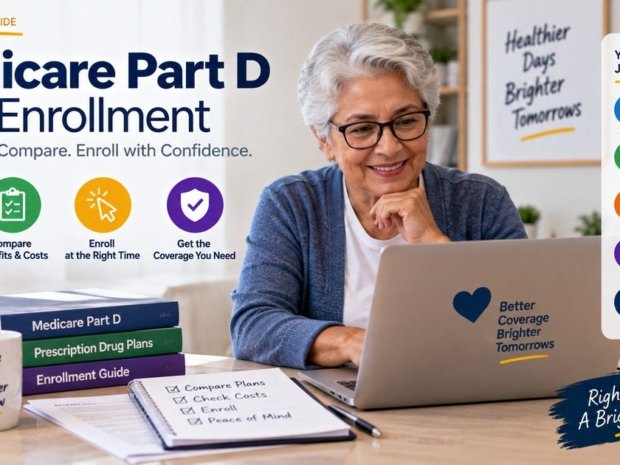 Medicare beneficiary researching Part D PDP enrollment options online with prescription drug plan books enrollment guide checklist and step-by-step enrollment journey covering IEP AEP and SEP periods