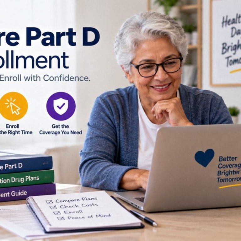 Medicare beneficiary researching Part D PDP enrollment options online with prescription drug plan books enrollment guide checklist and step-by-step enrollment journey covering IEP AEP and SEP periods
