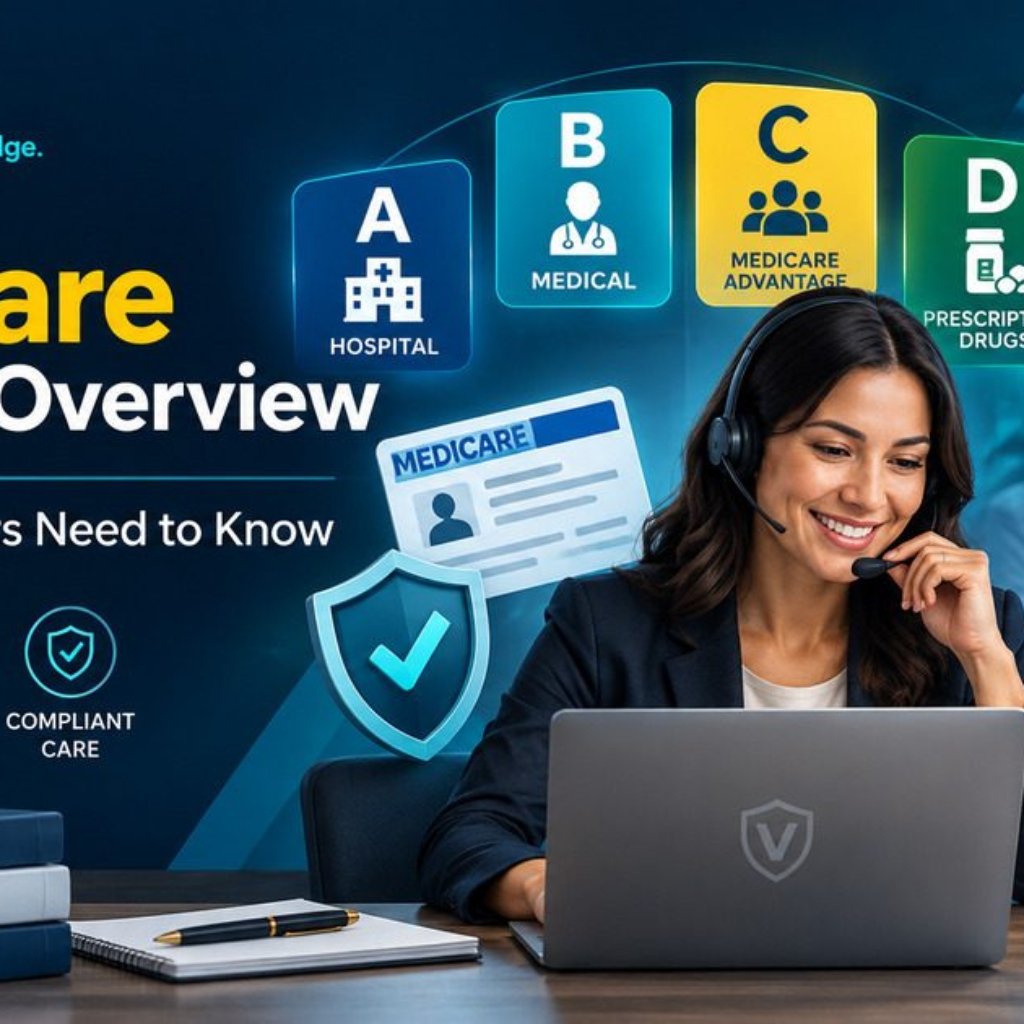 Medicare program overview for plan workers showing Parts A B C D with plan worker on headset and Medicare card enrollment checklist