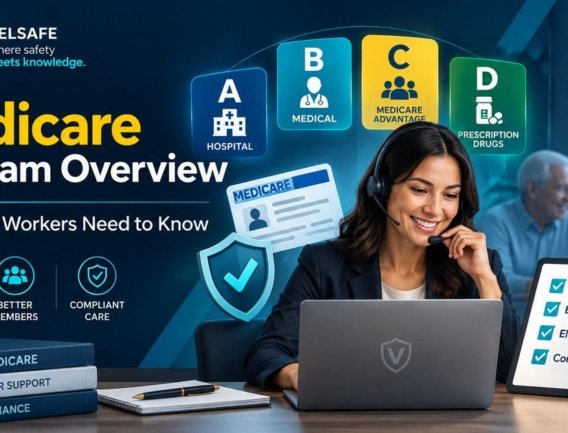 Medicare program overview for plan workers showing Parts A B C D with plan worker on headset and Medicare card enrollment checklist