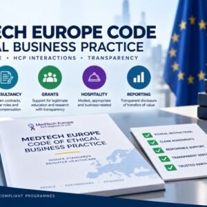 MedTech Europe Code of Ethical Business Practice infographic showing five compliance pillars: promotion with accurate balanced information, consultancy with written contracts and fair compensation, grants supporting legitimate education, hospitality that is modest and business-related, and reporting for transparent disclosure of transfers of value