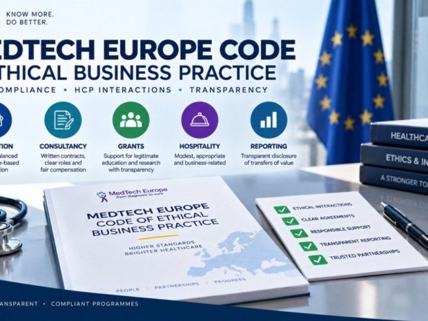 MedTech Europe Code of Ethical Business Practice infographic showing five compliance pillars: promotion with accurate balanced information, consultancy with written contracts and fair compensation, grants supporting legitimate education, hospitality that is modest and business-related, and reporting for transparent disclosure of transfers of value