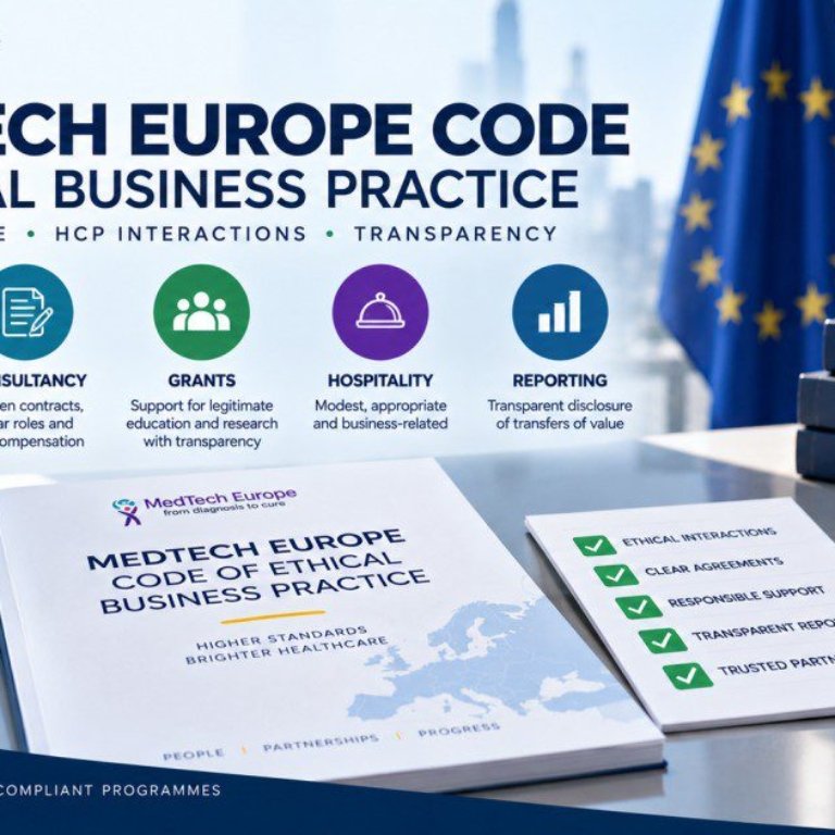 MedTech Europe Code of Ethical Business Practice infographic showing five compliance pillars: promotion with accurate balanced information, consultancy with written contracts and fair compensation, grants supporting legitimate education, hospitality that is modest and business-related, and reporting for transparent disclosure of transfers of value