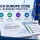 MedTech Europe Code of Ethical Business Practice infographic showing five compliance pillars: promotion with accurate balanced information, consultancy with written contracts and fair compensation, grants supporting legitimate education, hospitality that is modest and business-related, and reporting for transparent disclosure of transfers of value