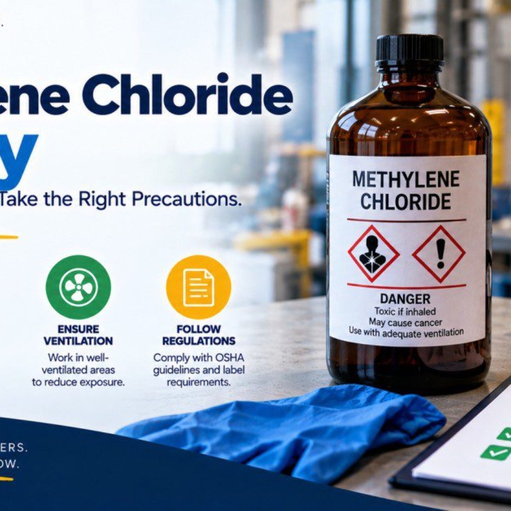 Methylene chloride safety infographic showing a labelled danger bottle with toxic if inhaled and may cause cancer warnings alongside four safety steps: know the hazards, use proper PPE including gloves goggles and respiratory protection, ensure ventilation, and follow OSHA regulations