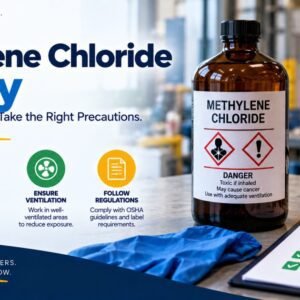 Methylene chloride safety infographic showing a labelled danger bottle with toxic if inhaled and may cause cancer warnings alongside four safety steps: know the hazards, use proper PPE including gloves goggles and respiratory protection, ensure ventilation, and follow OSHA regulations