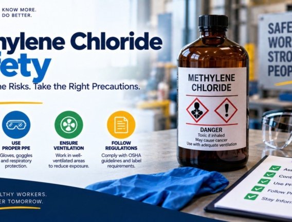 Methylene chloride safety infographic showing a labelled danger bottle with toxic if inhaled and may cause cancer warnings alongside four safety steps: know the hazards, use proper PPE including gloves goggles and respiratory protection, ensure ventilation, and follow OSHA regulations