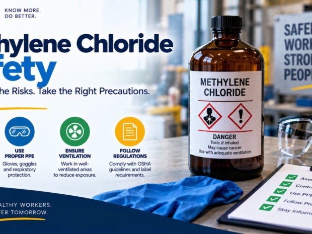 Methylene chloride safety infographic showing a labelled danger bottle with toxic if inhaled and may cause cancer warnings alongside four safety steps: know the hazards, use proper PPE including gloves goggles and respiratory protection, ensure ventilation, and follow OSHA regulations
